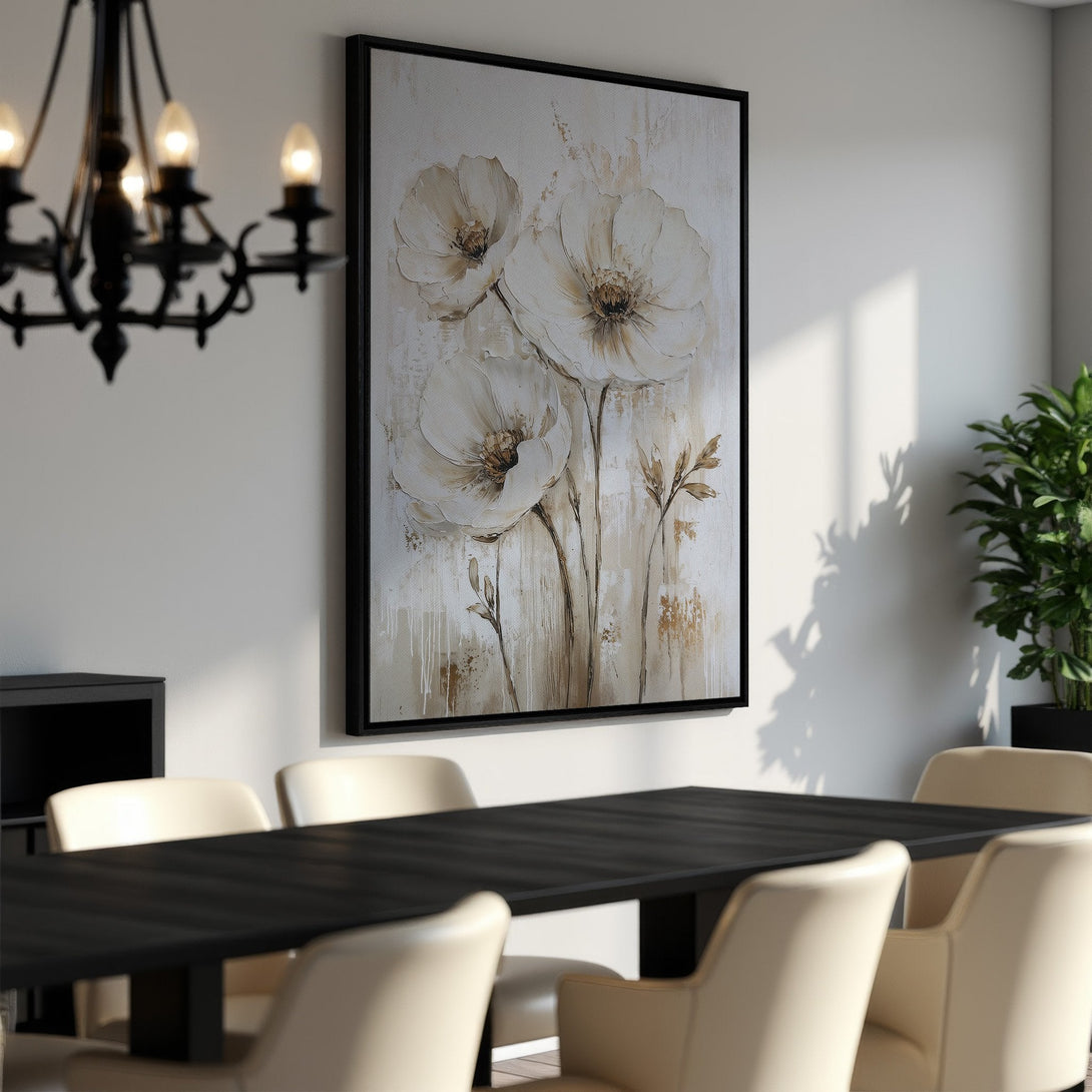 Framed Wall Art: Elegant floral canvas print in neutral tones. Modern art with white and beige color palette. Perfect for dining room decor.