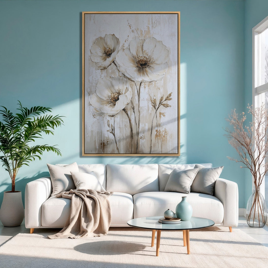 Framed Wall Art: Abstract floral Canvas Print in neutral tones. Modern decor with white, beige, and gold palette. Perfect for living room or bedroom.