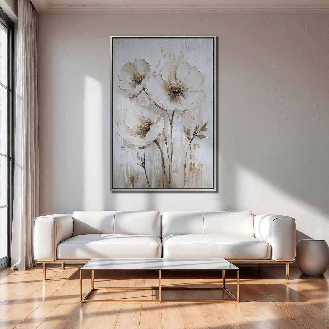 Framed Wall Art: Elegant floral canvas print in neutral tones, perfect for modern living room decor. Soft, warm color palette enhances any space.