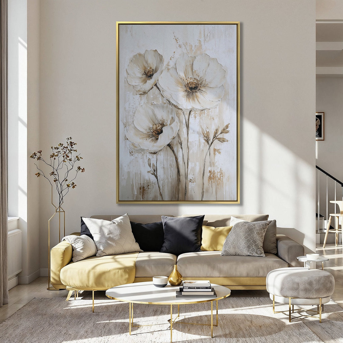 Canvas Print featuring elegant white floral art with a neutral, warm color palette. Perfect for adding a touch of sophistication to any space.