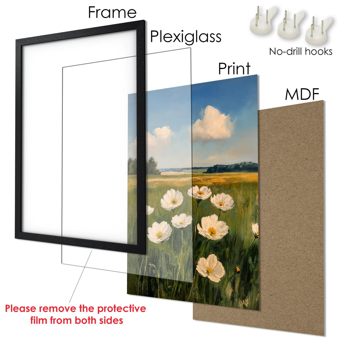 Framed Poster featuring a floral meadow oil painting with a green, yellow, and blue color palette. Perfect wall art!