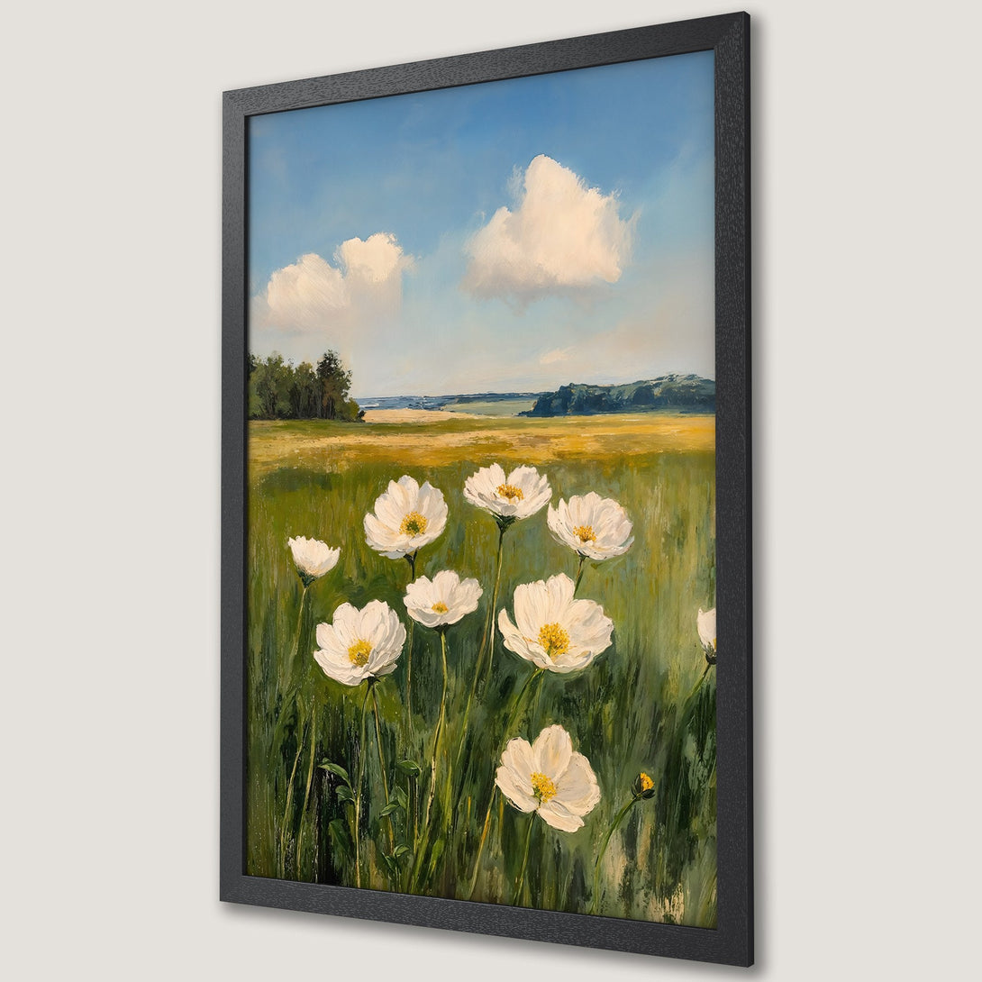 Framed Poster featuring a vibrant landscape with white flowers, painted in an impressionistic style with a green, yellow, and blue color palette.