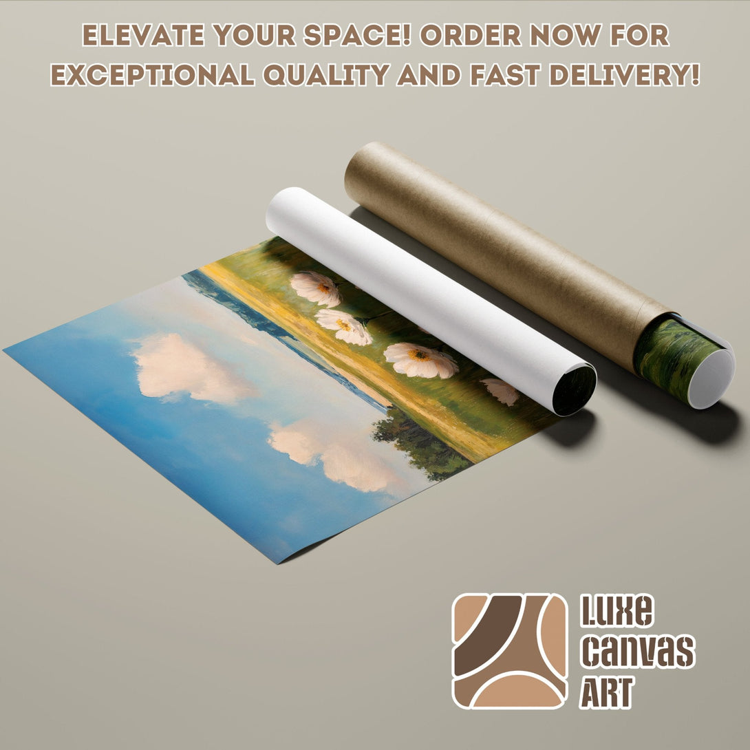 Poster Roll with landscape art, featuring blue sky, white flowers, and a natural color palette. Order yours today!
