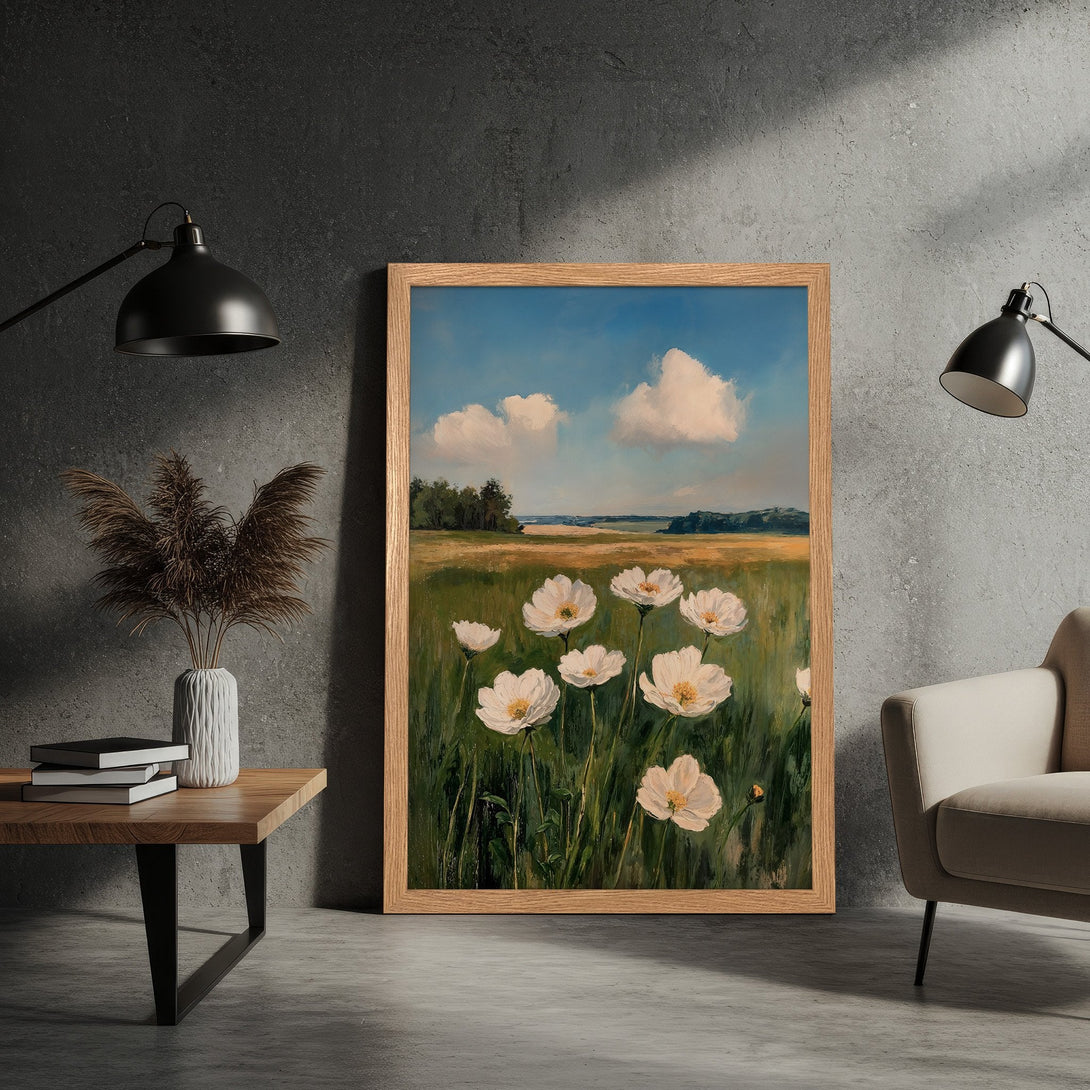 Framed Poster of white flowers in a field. Impressionist style with a blue, green, and yellow color palette. Perfect wall art for your home.