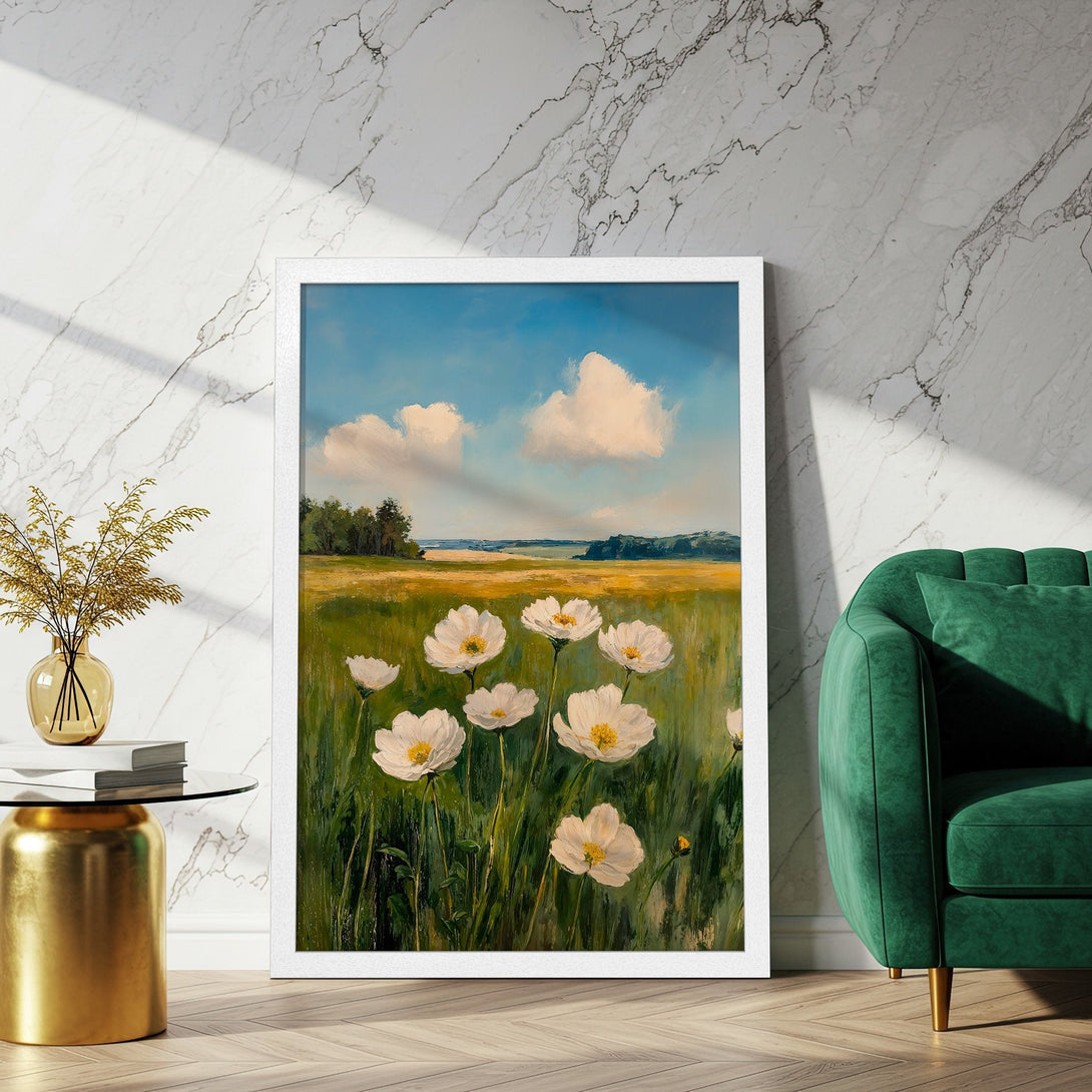 Framed Poster of wildflowers in a field, impressionist style. Features a blue sky, green grass, and white flowers. Perfect wall art!