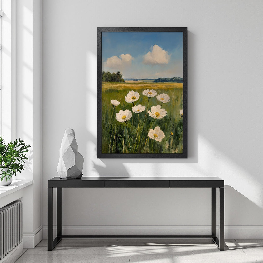 Framed Poster featuring a floral landscape painting in a serene style with blue, green, and yellow hues. Perfect wall art for any room.