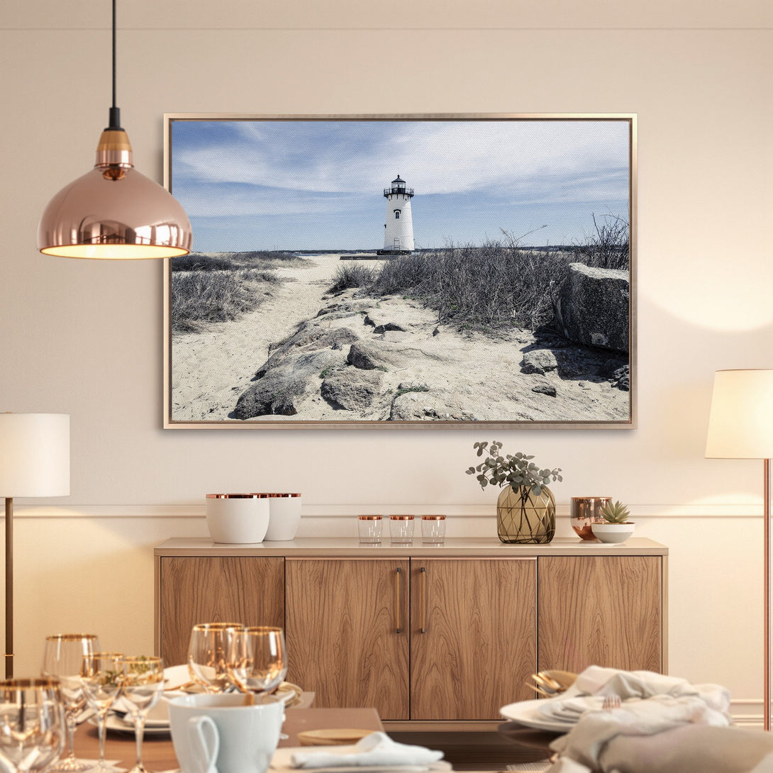 Framed Wall Art: Lighthouse Canvas Print in neutral tones. Coastal decor with a black and white image, perfect for a modern interior.