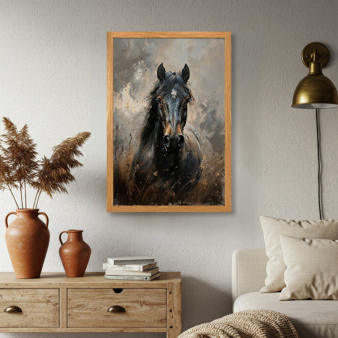 Framed Poster of a majestic black horse, artfully painted in a dramatic, expressive style with a neutral color palette. Perfect wall decor!