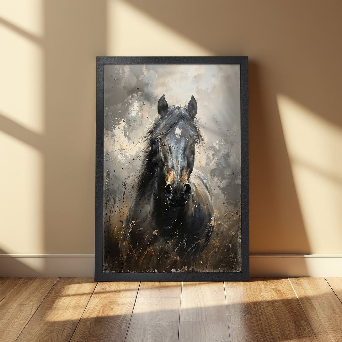 Framed Poster of a majestic black horse. Artistic style with a neutral, earthy color palette. Perfect for home decor.