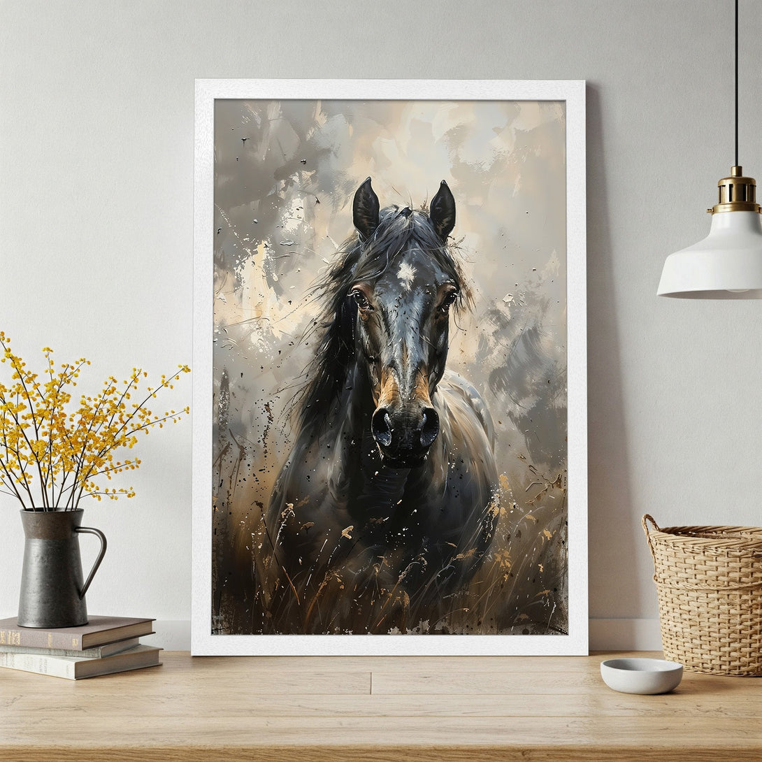 Framed Poster featuring a majestic black horse in an expressive, painterly style with a neutral, earthy color palette. Perfect for home decor!
