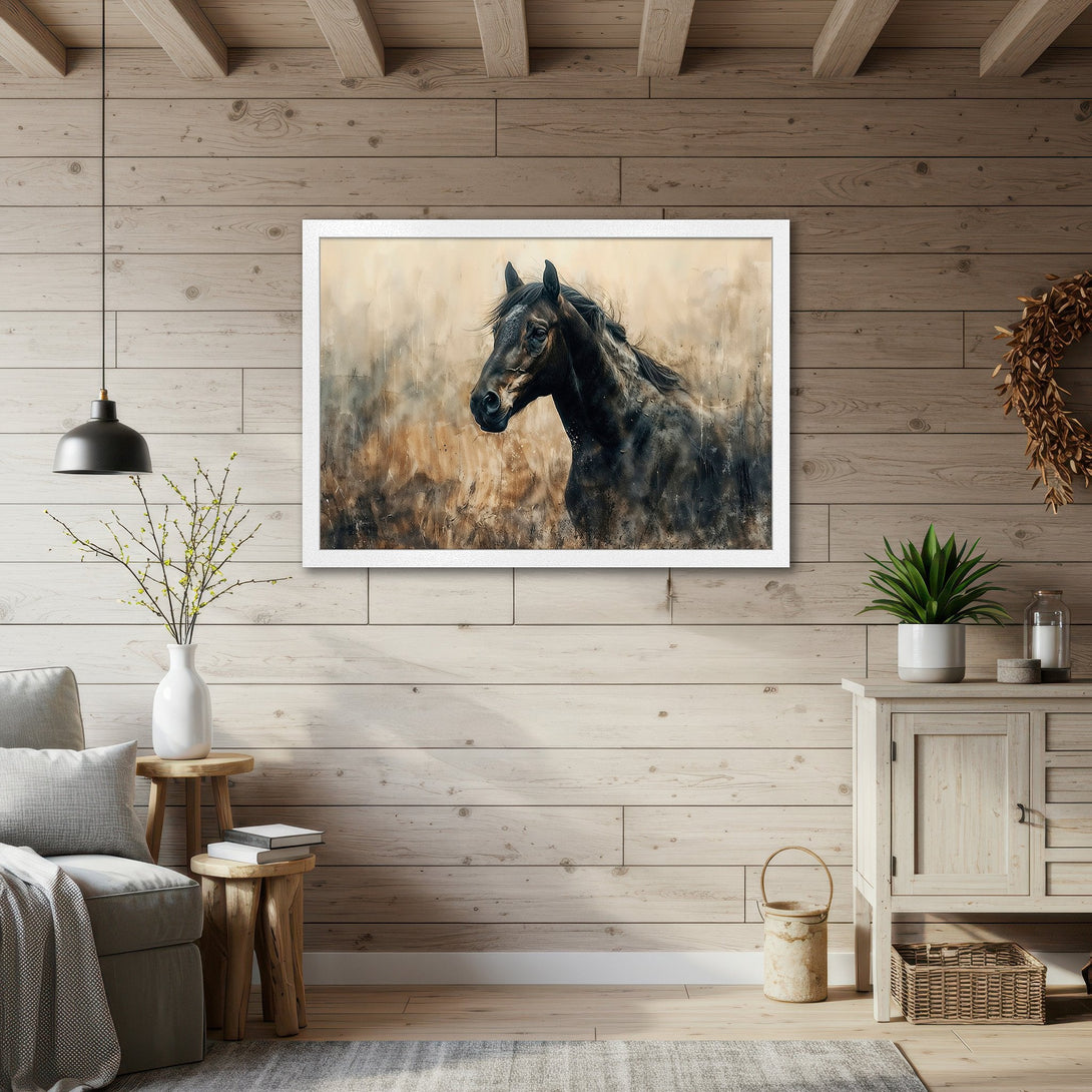 Framed Poster featuring a majestic black horse in a watercolor style, with a warm neutral color palette. Perfect wall art!