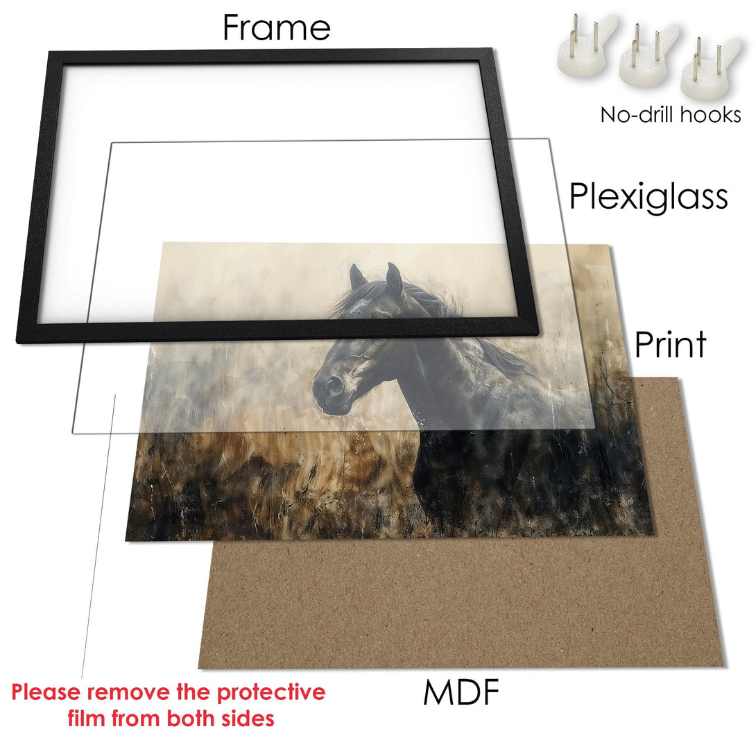 Framed Poster featuring a majestic horse. Artistic style with a neutral, earthy color palette. Elevate your space with this stunning artwork!