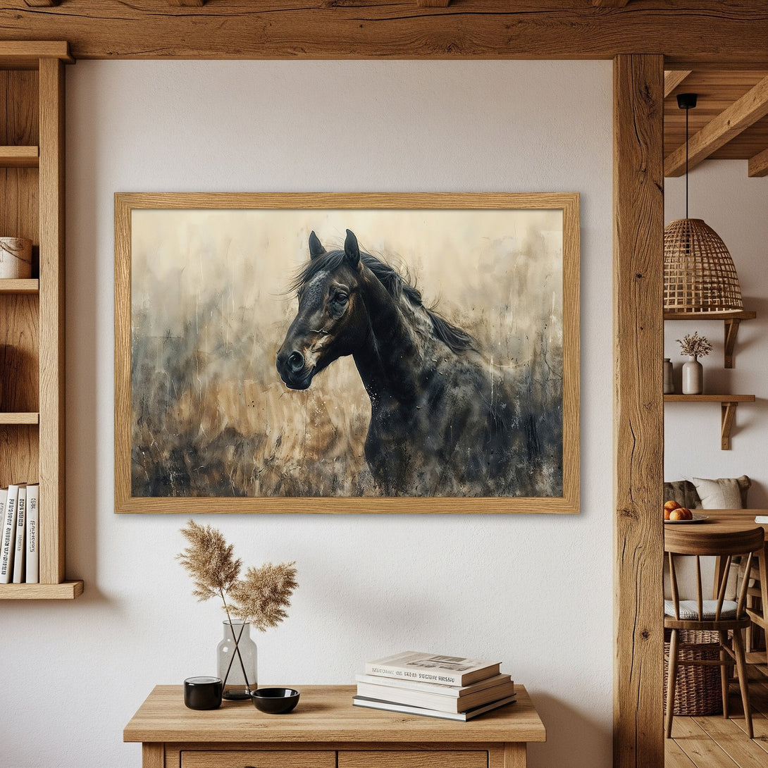 Framed Poster featuring a majestic black horse. Artistic, watercolor style with a neutral, earthy color palette. Perfect wall art!