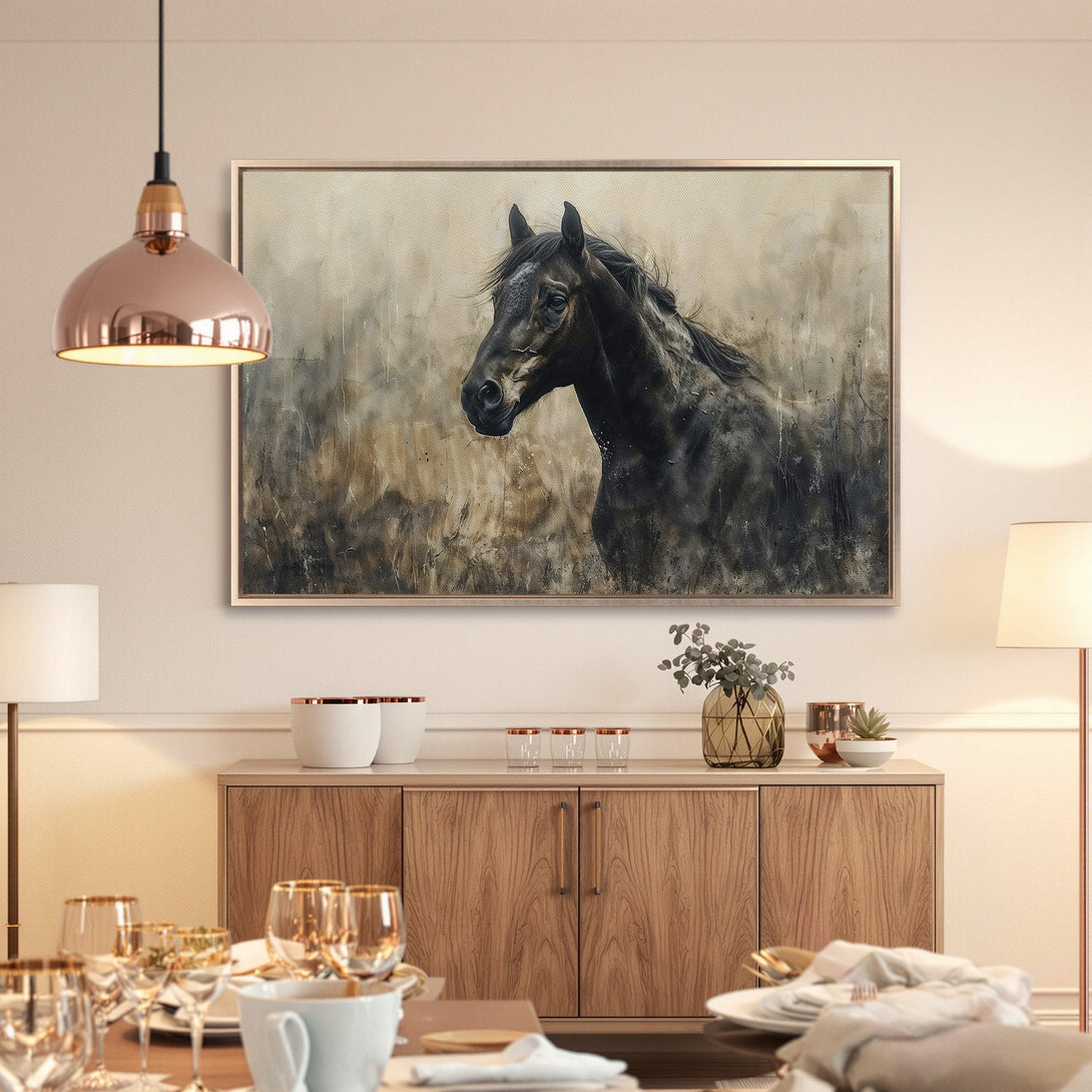 Framed Wall Art: Stunning horse portrait canvas print in neutral tones. Elevate your space with this elegant and timeless piece. Shop now!