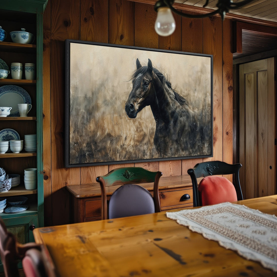 Framed Wall Art: Stunning canvas print of a horse in a rustic interior. Warm, earthy tones and a vintage style create a cozy, inviting atmosphere.