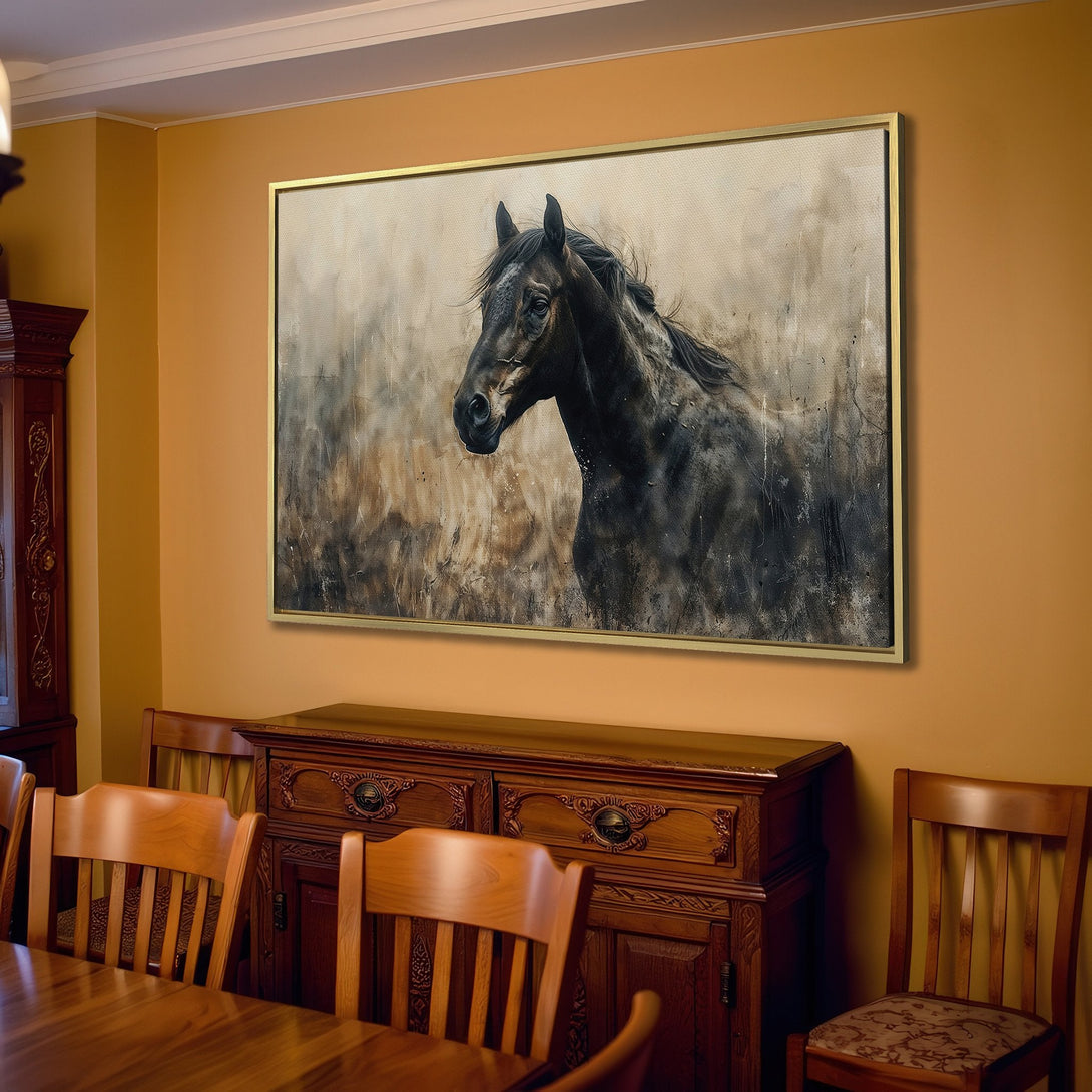Canvas Print of a majestic black horse in a neutral-toned, abstract style. Perfect for adding a touch of elegance to any room.