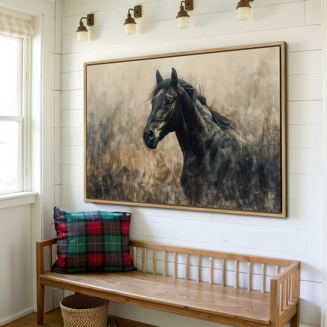 Framed Wall Art: Stunning horse portrait in neutral tones. Rustic style canvas print, perfect for farmhouse decor. Shop now for unique wall art!