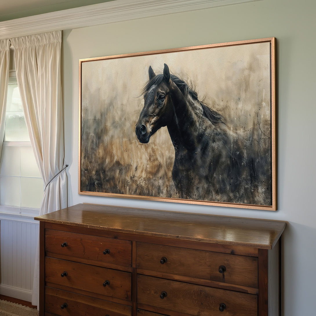 Framed Wall Art: Stunning Canvas Print of a black horse in a field. Features a neutral color palette, perfect for adding elegance to any room. Shop now!