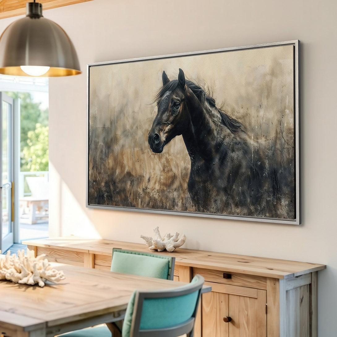 Framed Wall Art: Stunning black horse canvas print in a neutral, earthy palette. Perfect for adding a touch of rustic elegance to your home decor.