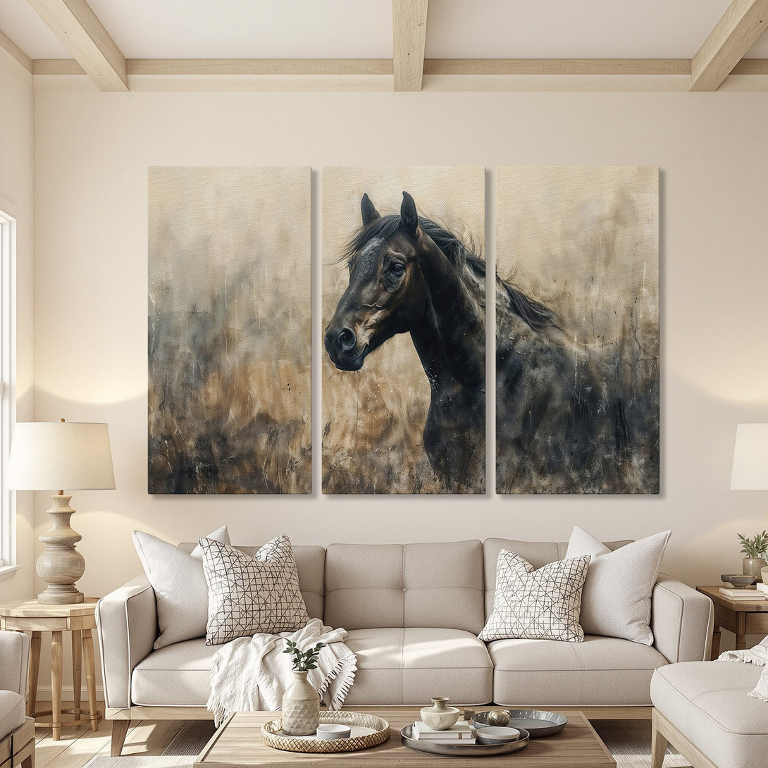 Canvas Print of a majestic horse in a neutral color palette. Rustic, artistic style adds elegance to any room. Perfect wall art!