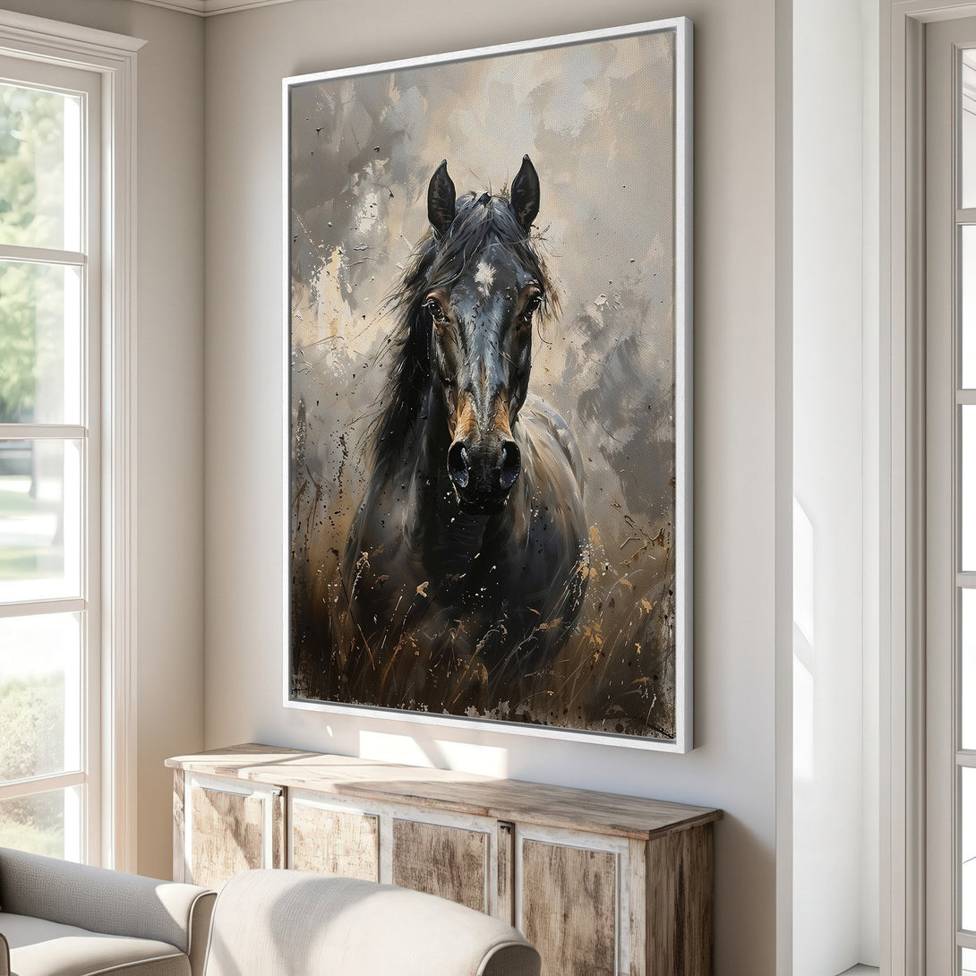 Framed Wall Art: Majestic black horse portrait in an expressive, painterly style. Neutral color palette with pops of gold. Perfect for adding elegance to any space.