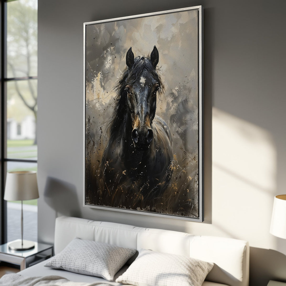 Framed Wall Art: Stunning black horse portrait in a modern, abstract style. Neutral color palette adds elegance to any room. Perfect for home decor.