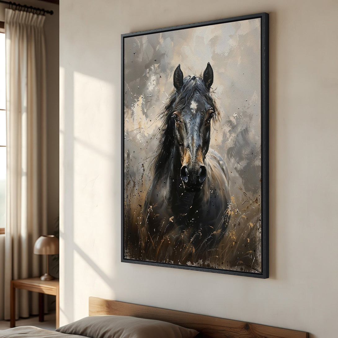 Framed Wall Art: Majestic black horse painting in a neutral palette. Modern abstract style canvas print, perfect for adding elegance to any room.