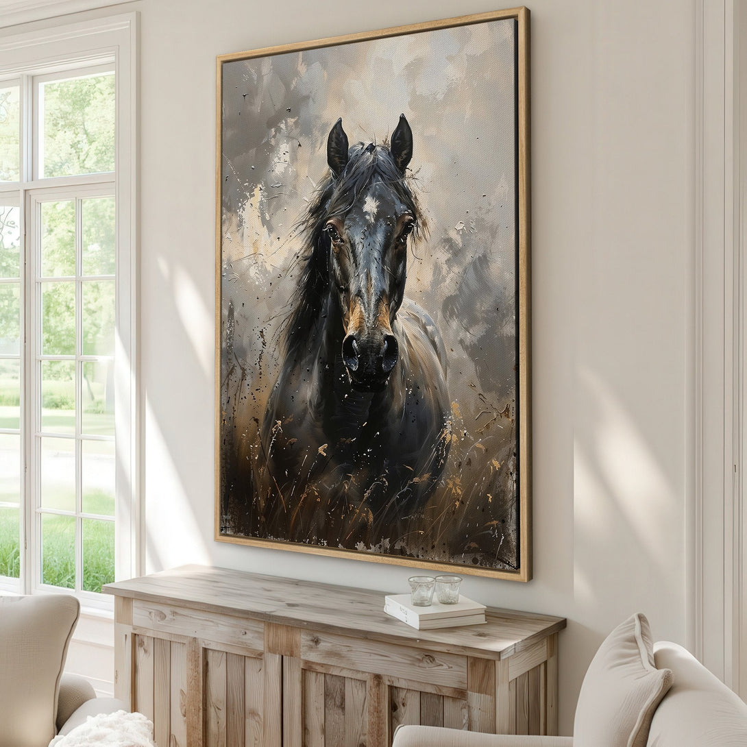 Framed Wall Art featuring a striking black horse portrait in an expressive, painterly style with a neutral, earthy color palette. Perfect for any home.