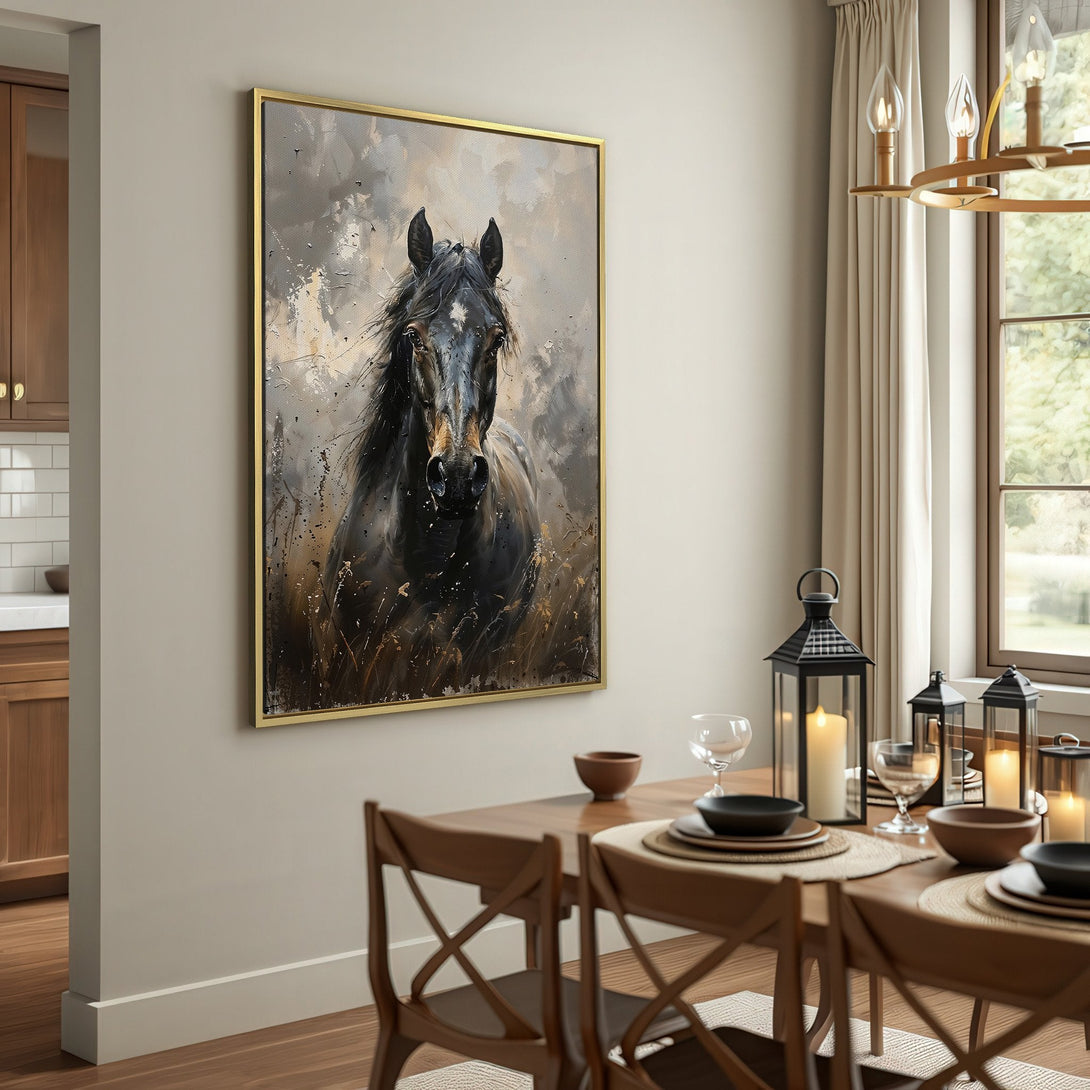 Canvas Print featuring a majestic black horse in an abstract style with a neutral, earthy color palette. Perfect for rustic home decor!