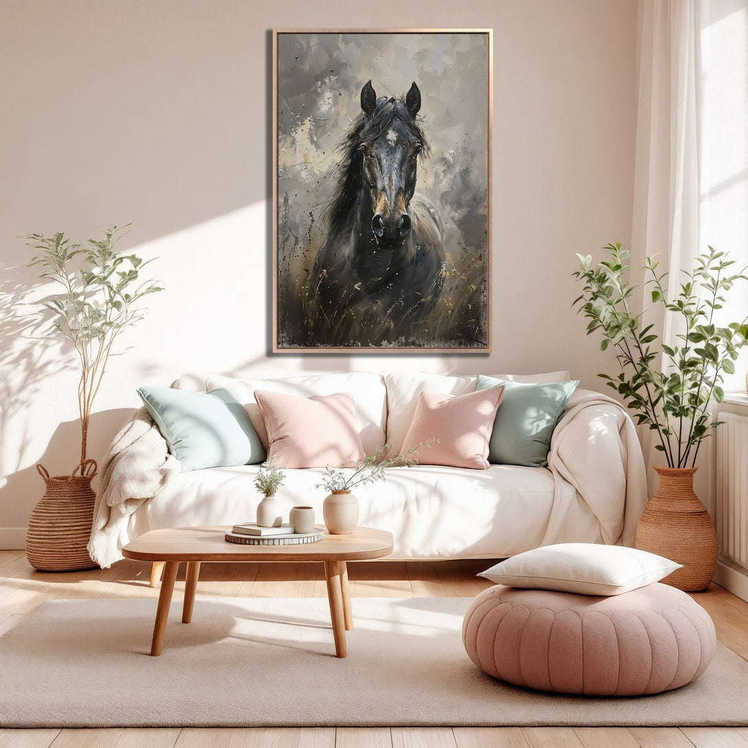 Framed Wall Art: Stunning black horse painting in neutral tones. Perfect for adding elegance to your living room. Modern art with a touch of nature.