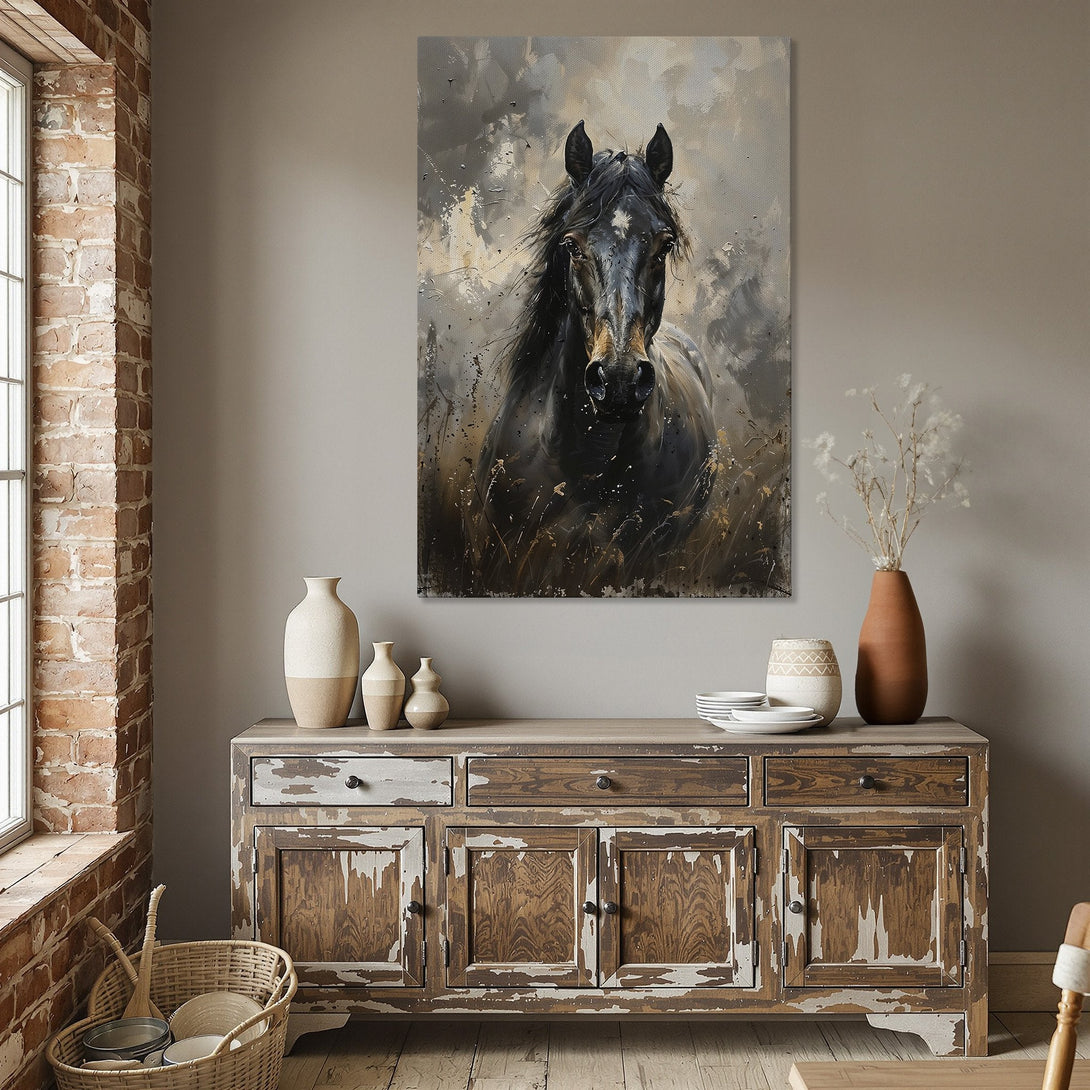 Framed Wall Art: Stunning horse portrait in neutral tones. Elegant canvas print with a gold frame, perfect for adding sophistication to any room. Shop now!