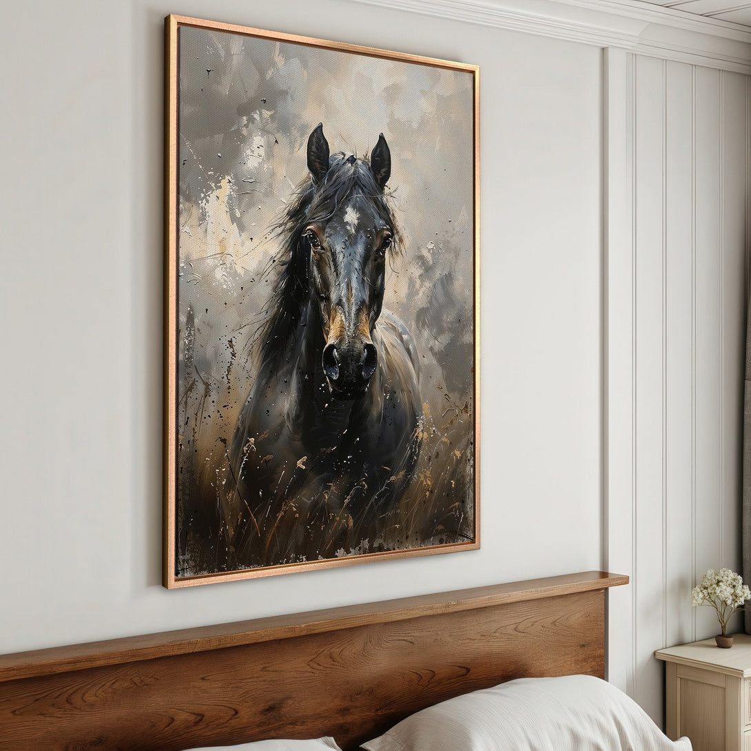Framed Wall Art: Stunning horse portrait in a modern, abstract style. Features a neutral color palette of black, gray, and gold. Perfect for home decor.