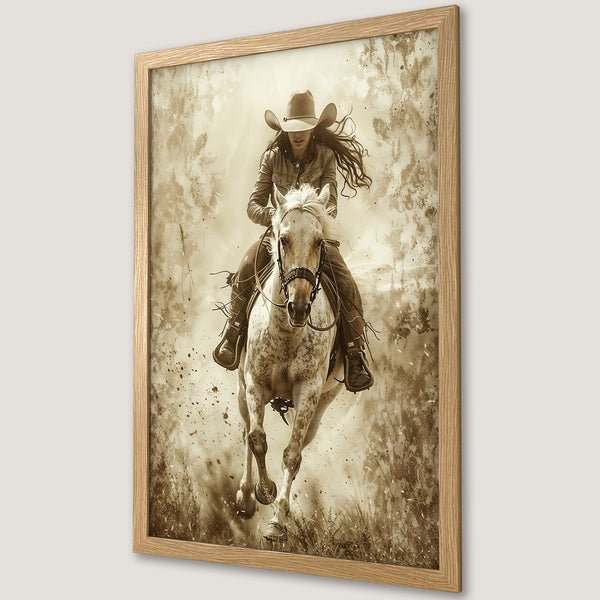 Framed Poster featuring a cowgirl riding a horse, sepia tones, vintage style. Perfect western decor for your home!