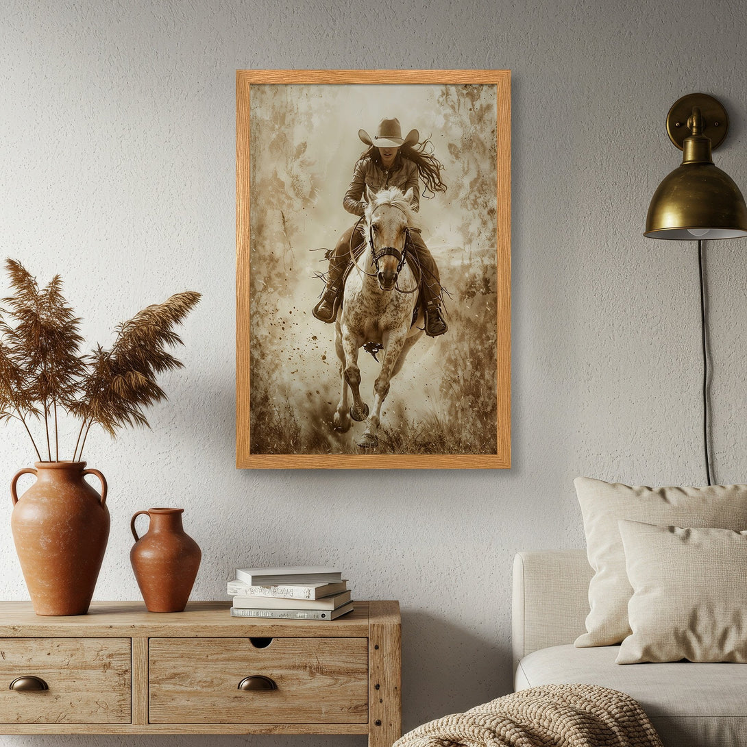 Framed Poster featuring a cowgirl riding a horse. Rustic sepia tones create a vintage, Western-inspired art piece. Perfect for home decor.