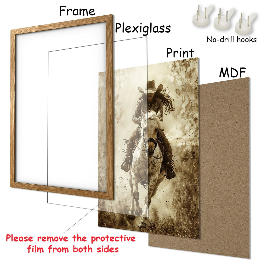Framed Poster featuring a cowgirl on a horse, sepia-toned art print. Rustic style, perfect for western decor. Easy to hang!