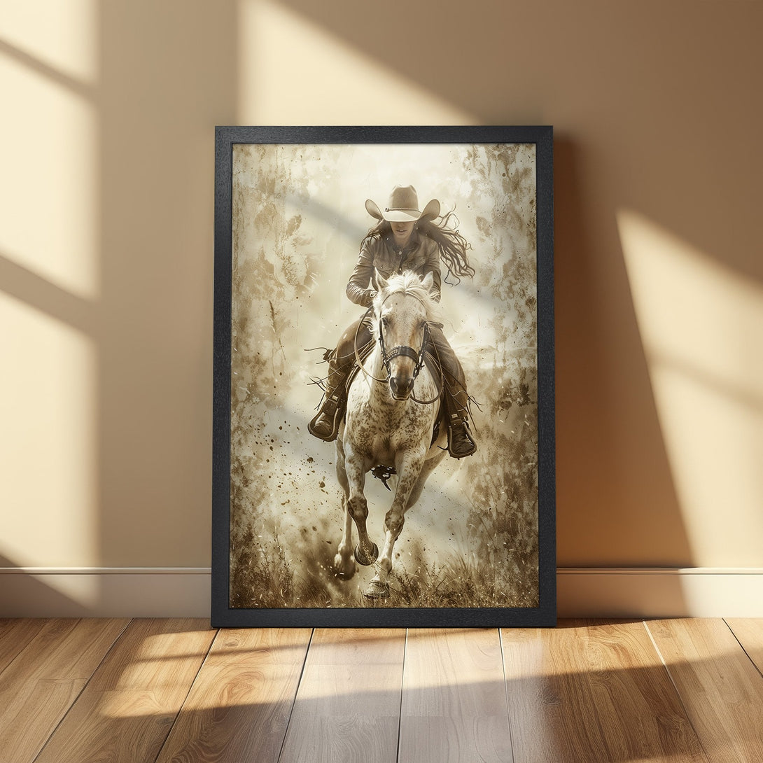 Framed Poster of a cowgirl riding a horse. Vintage style art in sepia tones. Add Western charm to your space!