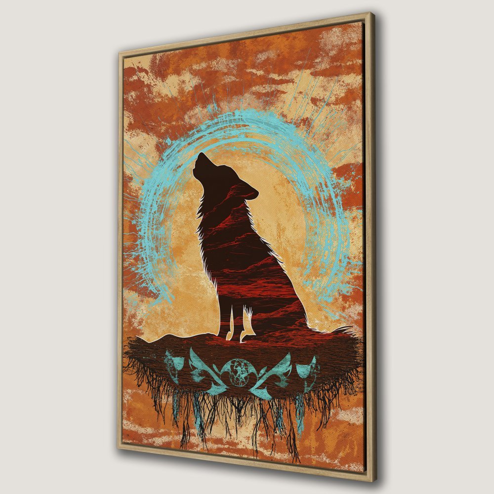 Framed Wall Art: Silhouette of a howling wolf against a sunset backdrop. Rustic style, warm earth tones with pops of turquoise. Perfect wall decor!
