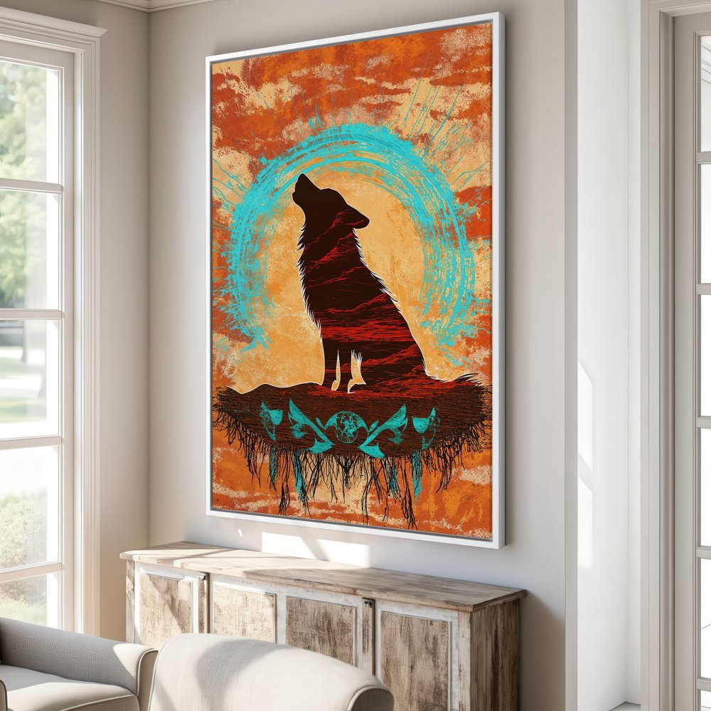 Framed Wall Art: Silhouette of a howling wolf in warm orange and turquoise tones. Rustic style Canvas Print perfect for any room.
