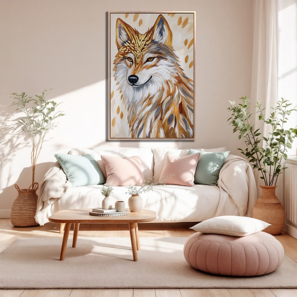 Framed Wall Art: Majestic wolf portrait in warm earth tones. Perfect for adding a touch of nature-inspired elegance to your living space.