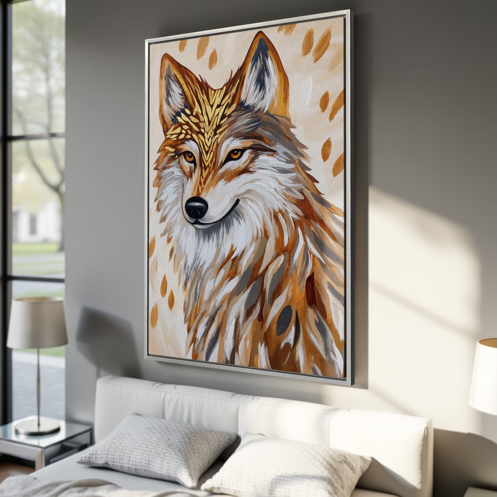 Framed Wall Art featuring a majestic wolf in warm, earthy tones. Add a touch of nature-inspired art to your home decor with this stunning Canvas Print.