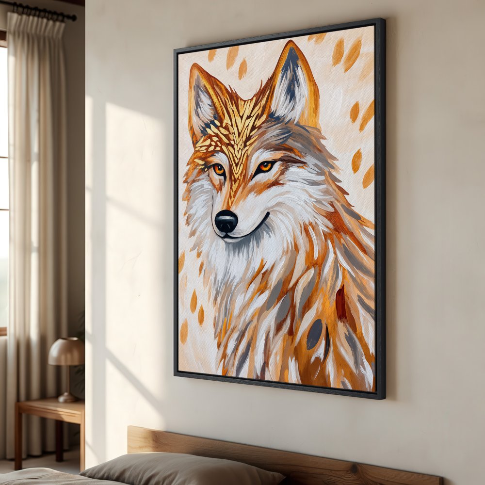Framed Wall Art: Majestic wolf portrait in warm orange and white tones. Modern art style. Perfect for adding a touch of nature to your home decor.
