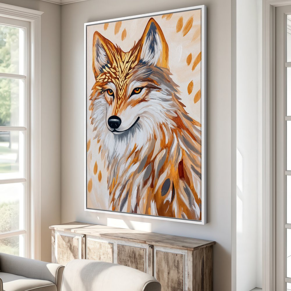 Framed Wall Art: Majestic wolf portrait in warm orange and white tones. Modern art style, perfect for home decor. Shop Canvas Prints today!
