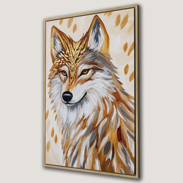 Framed Wall Art: Majestic wolf portrait in warm, earthy tones. Add a touch of nature-inspired art to your space with this stunning canvas print!