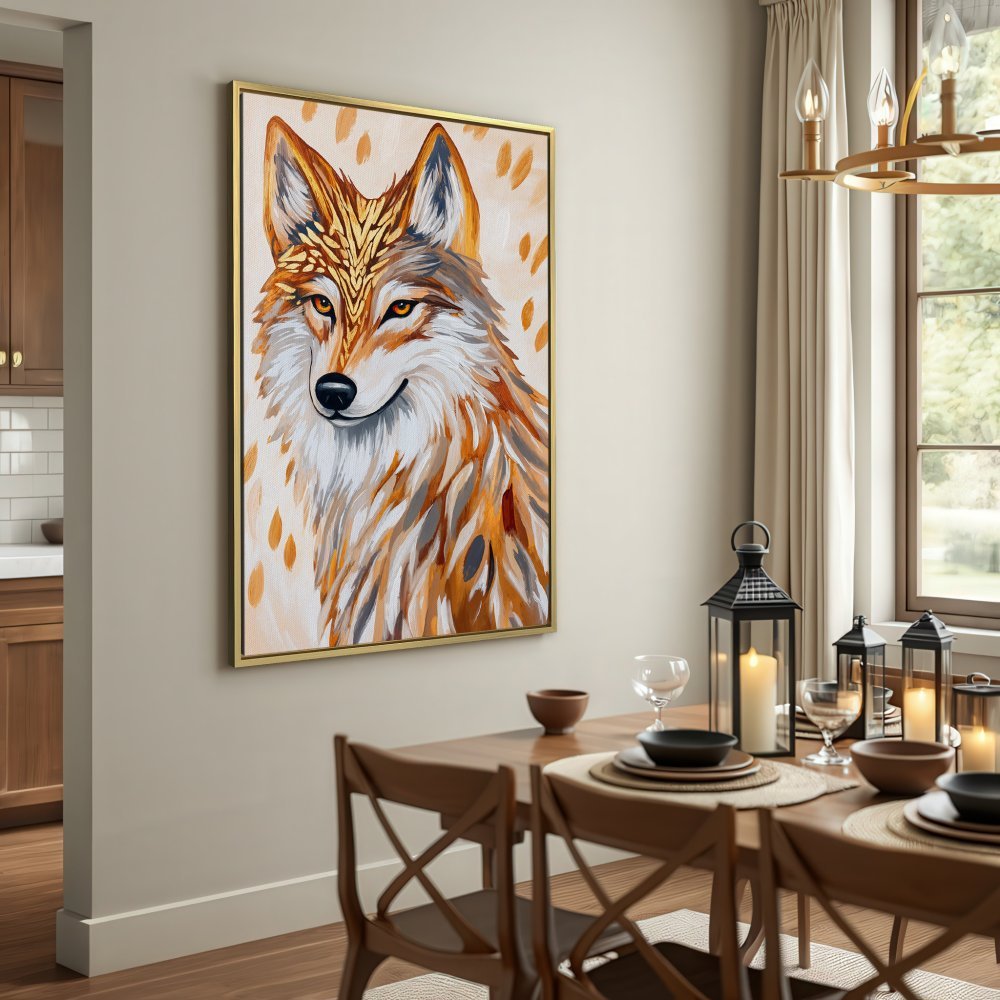 Canvas Print featuring a majestic wolf in warm, earthy tones. Rustic art style perfect for adding a touch of nature to your home decor.
