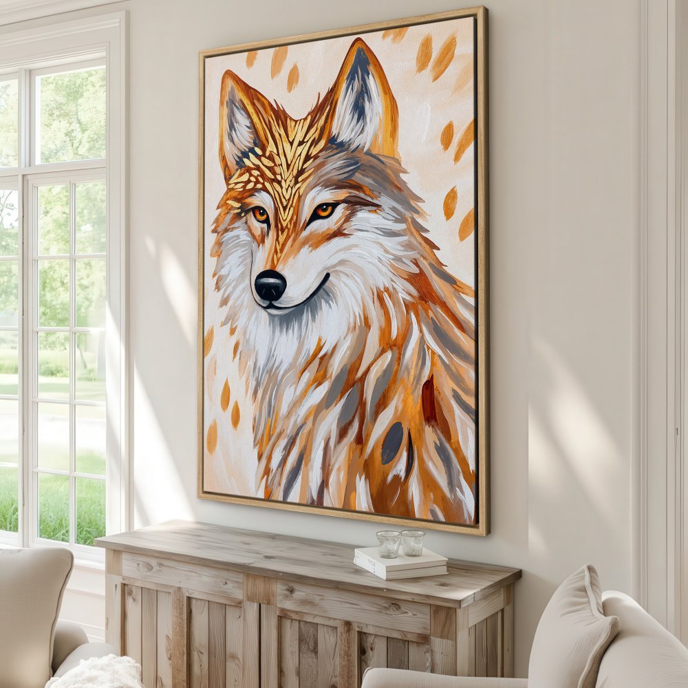 Framed Wall Art: Majestic wolf portrait in warm orange & white tones. Modern abstract style Canvas Print perfect for living room decor.