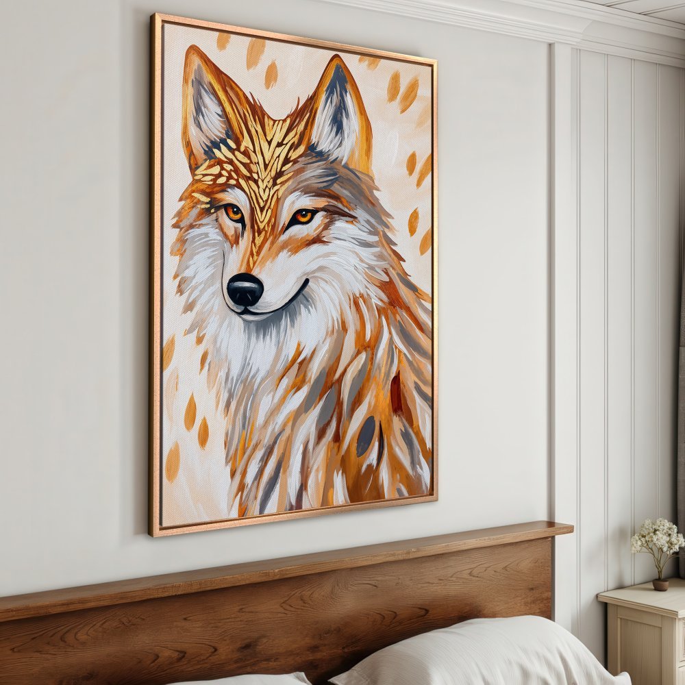 Framed Wall Art: Majestic wolf portrait in warm orange and gold tones. Modern art Canvas Print, perfect for adding a touch of nature-inspired elegance to your home decor.