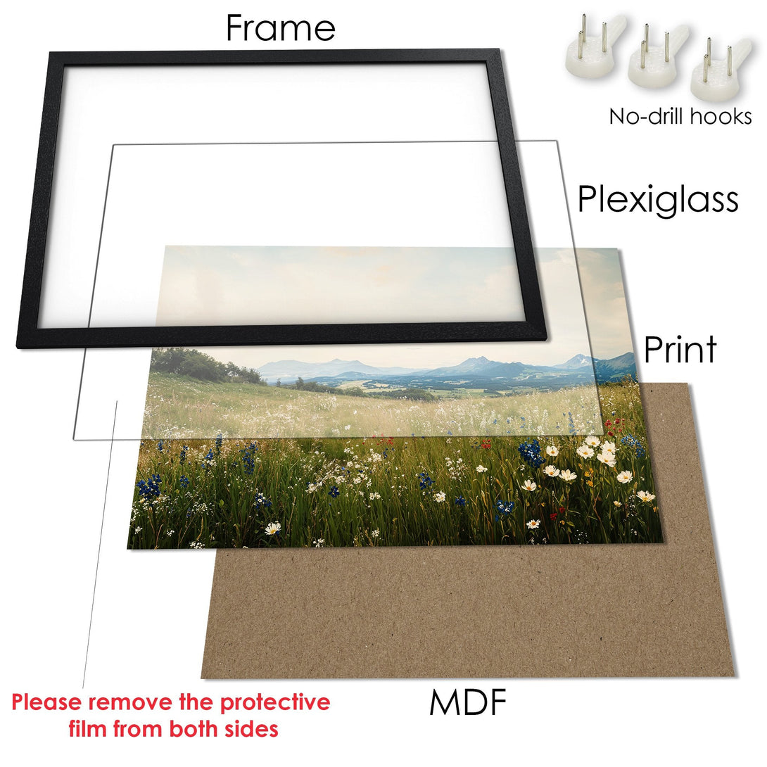 Framed Poster of a vibrant meadow scene with a mountain backdrop, featuring a soft, natural color palette. Perfect wall art!