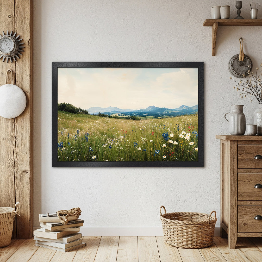 Framed Poster of a serene meadow landscape. Rustic style with a soft, natural color palette, perfect for home decor.