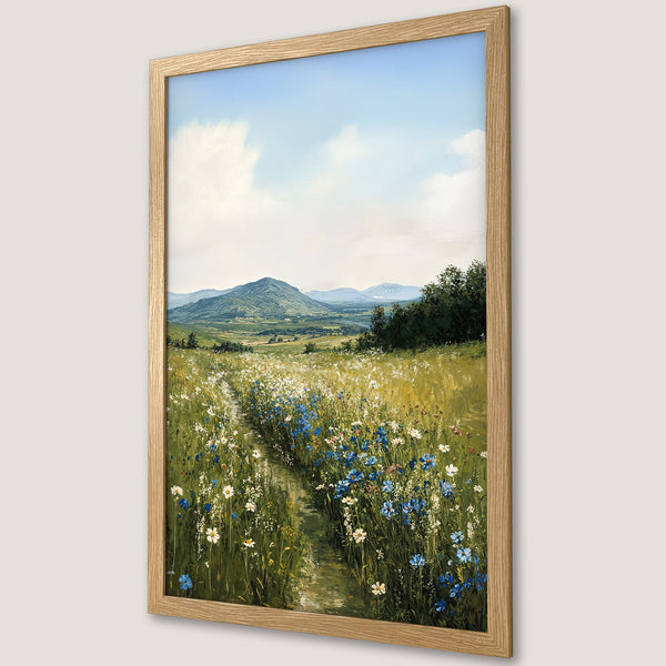 Framed Poster of a scenic landscape with a path through wildflowers, in a natural color palette. Perfect wall art.