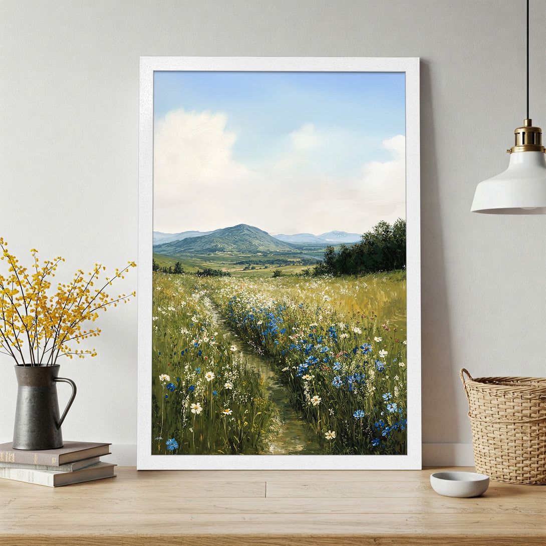 Framed Poster of a serene meadow landscape. Impressionistic style with green, blue, and yellow hues. Perfect wall art for a calming atmosphere.